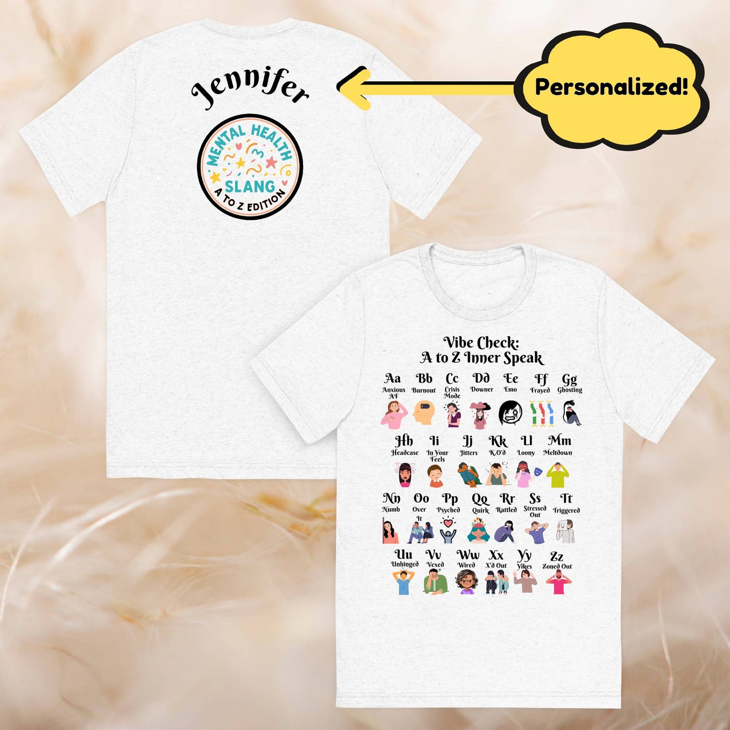 Vibe Check A-Z Mental Health Slang Shirt, Motivational Tee, Self-Care Tri-Blend Apparel, Therapy Gift for Anxiety