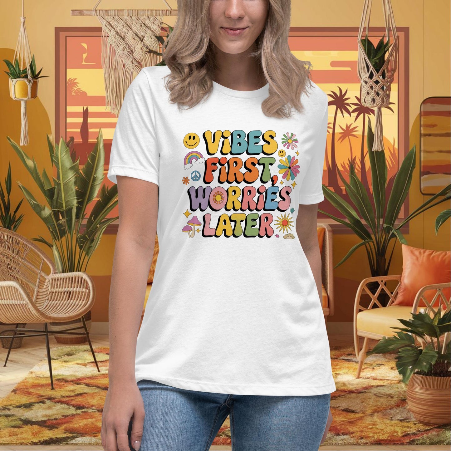Vibes First Worries Later Women’s Relaxed Tee - Personalized Self - Care Shirt - MySisterIsASurvivor