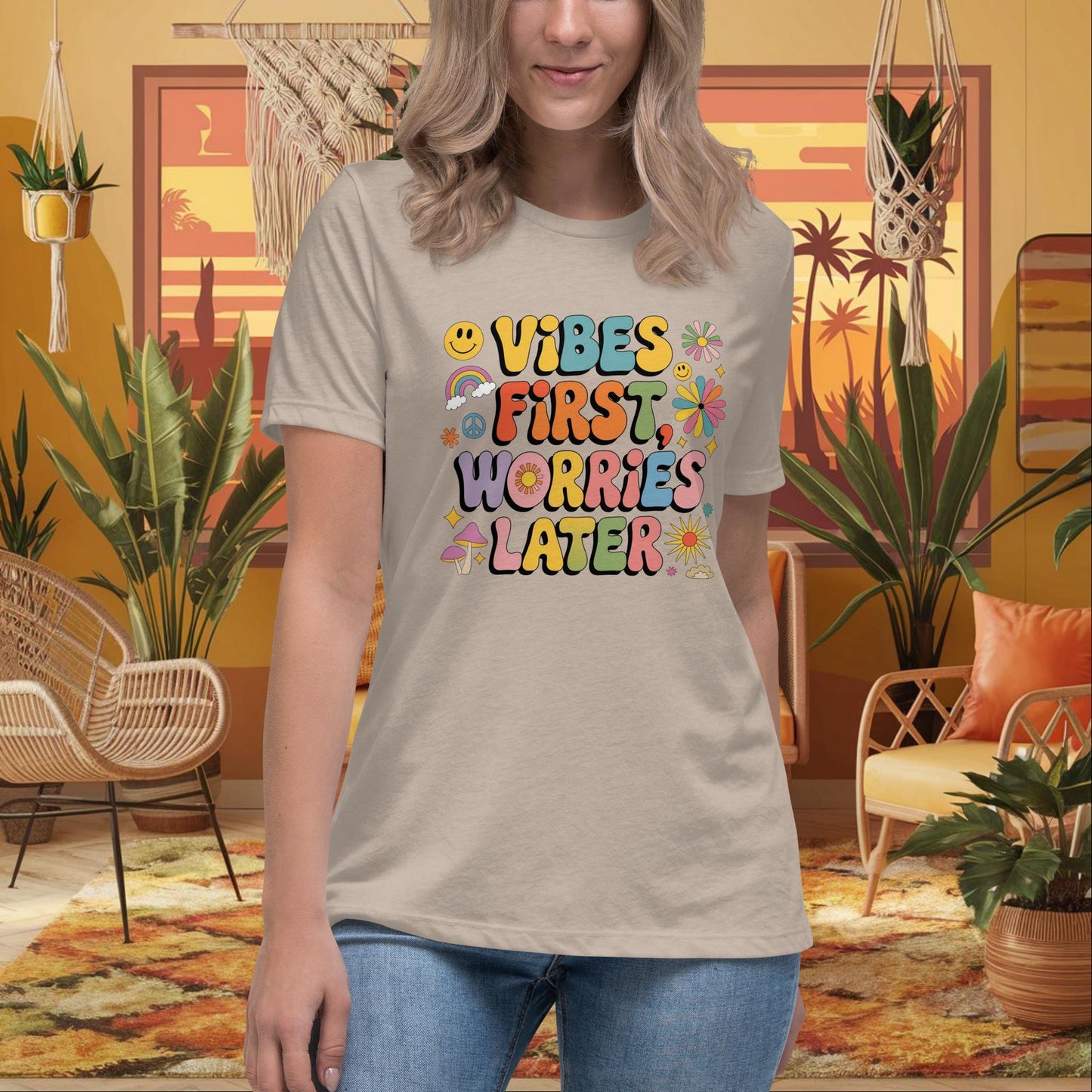 Vibes First Worries Later Women’s Relaxed Tee - Personalized Self - Care Shirt - MySisterIsASurvivor