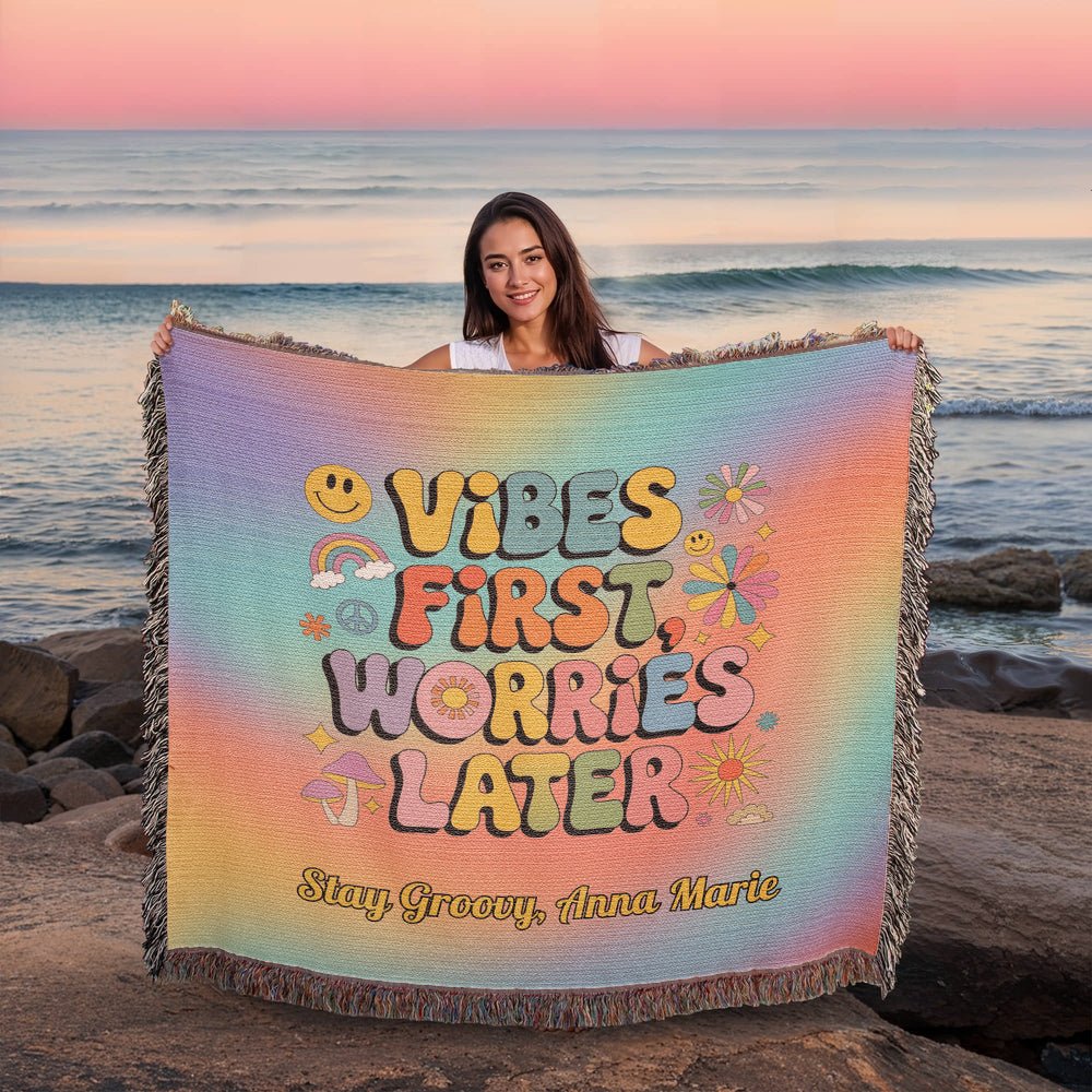 Vibes First Worries Later Woven Blanket - Personalized Mental Health Throw - MySisterIsASurvivor