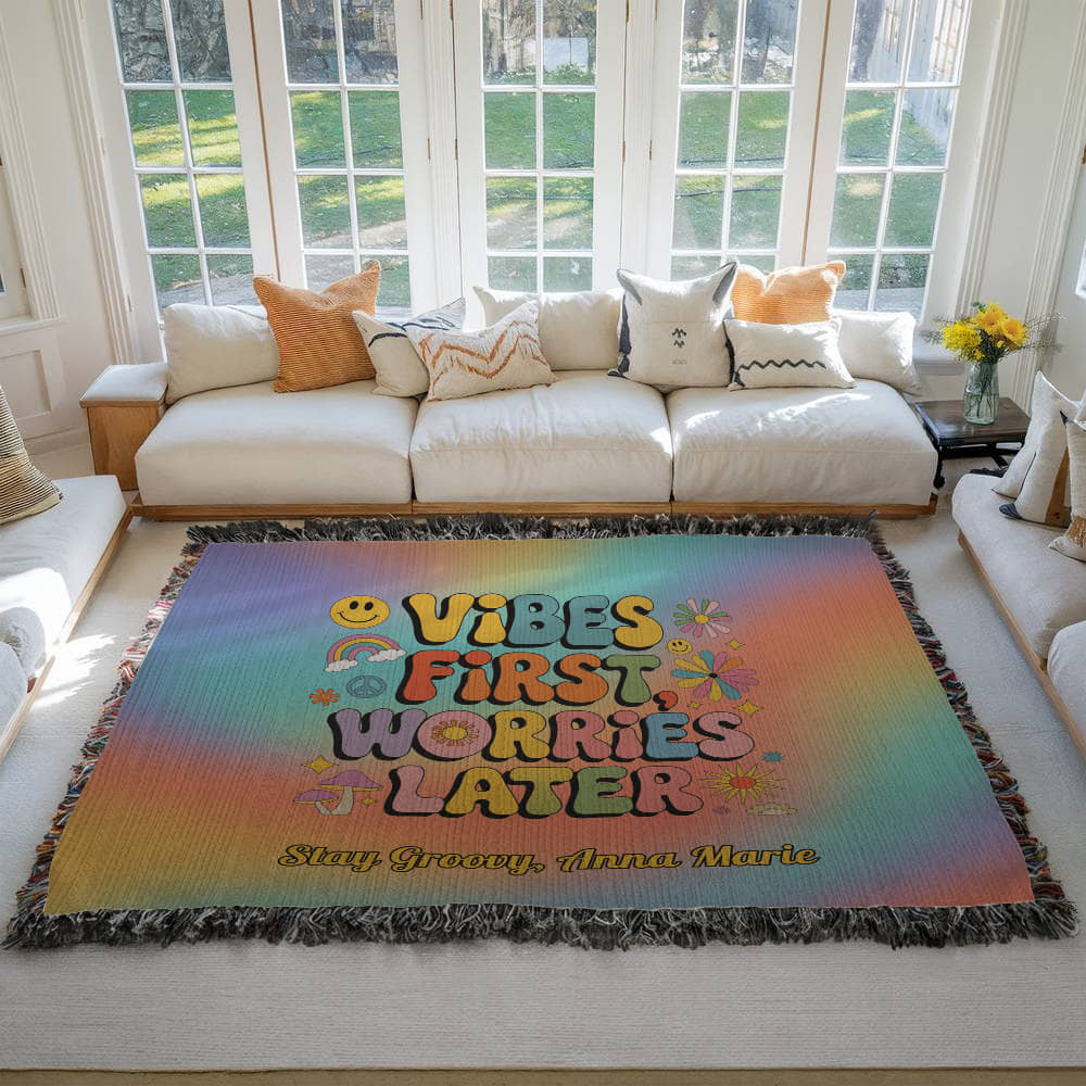 Vibes First Worries Later Woven Blanket - Personalized Mental Health Throw - MySisterIsASurvivor