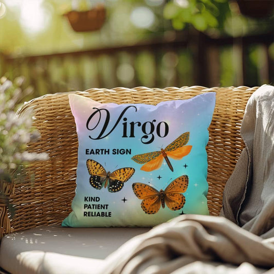 Shop our virgo butterfly indoor outdoor pillow featuring the 18" x 18" style option from MySisterIsASurvivor.