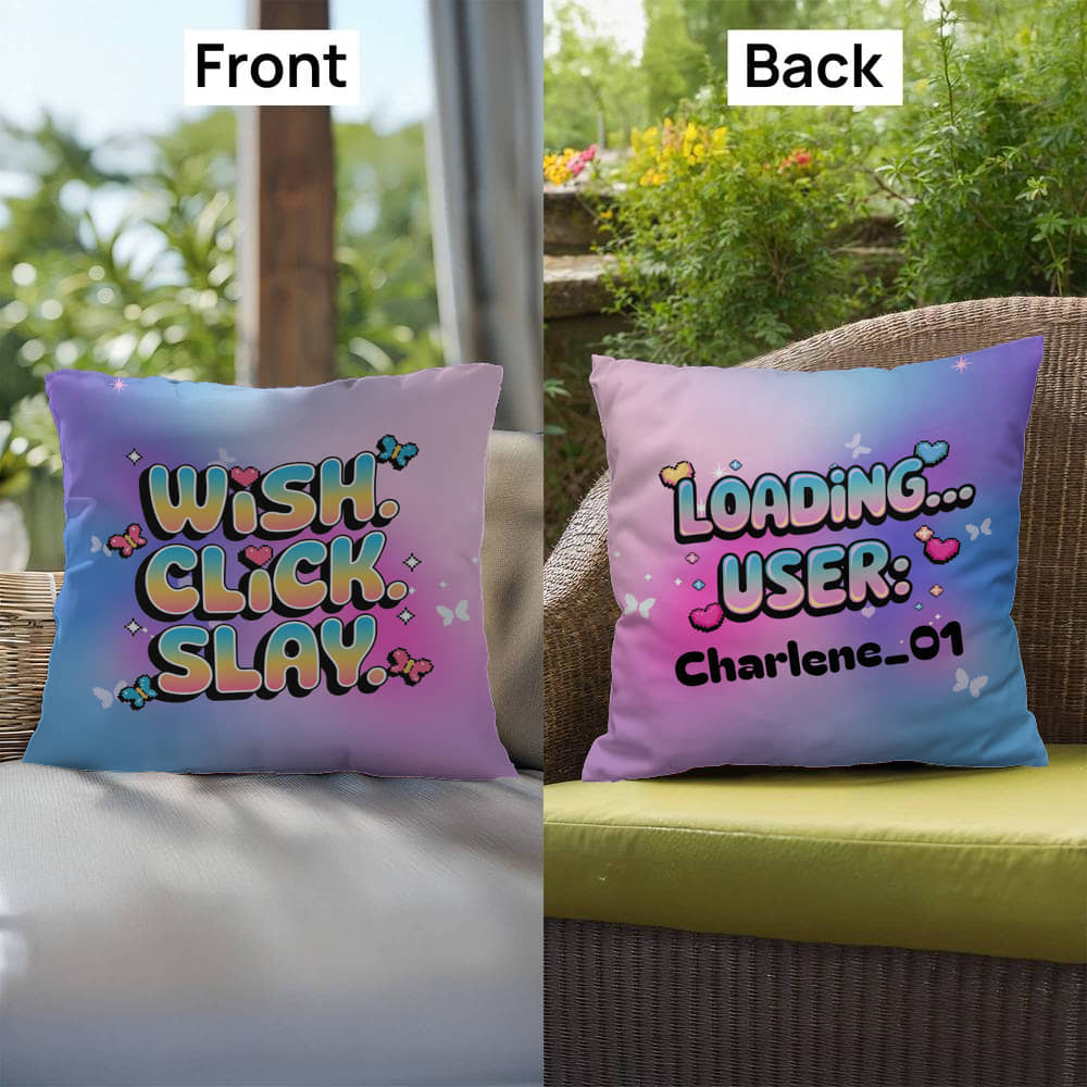Wish Click Slay Y2K throw pillow custom name empowerment gift - MySisterIsASurvivor