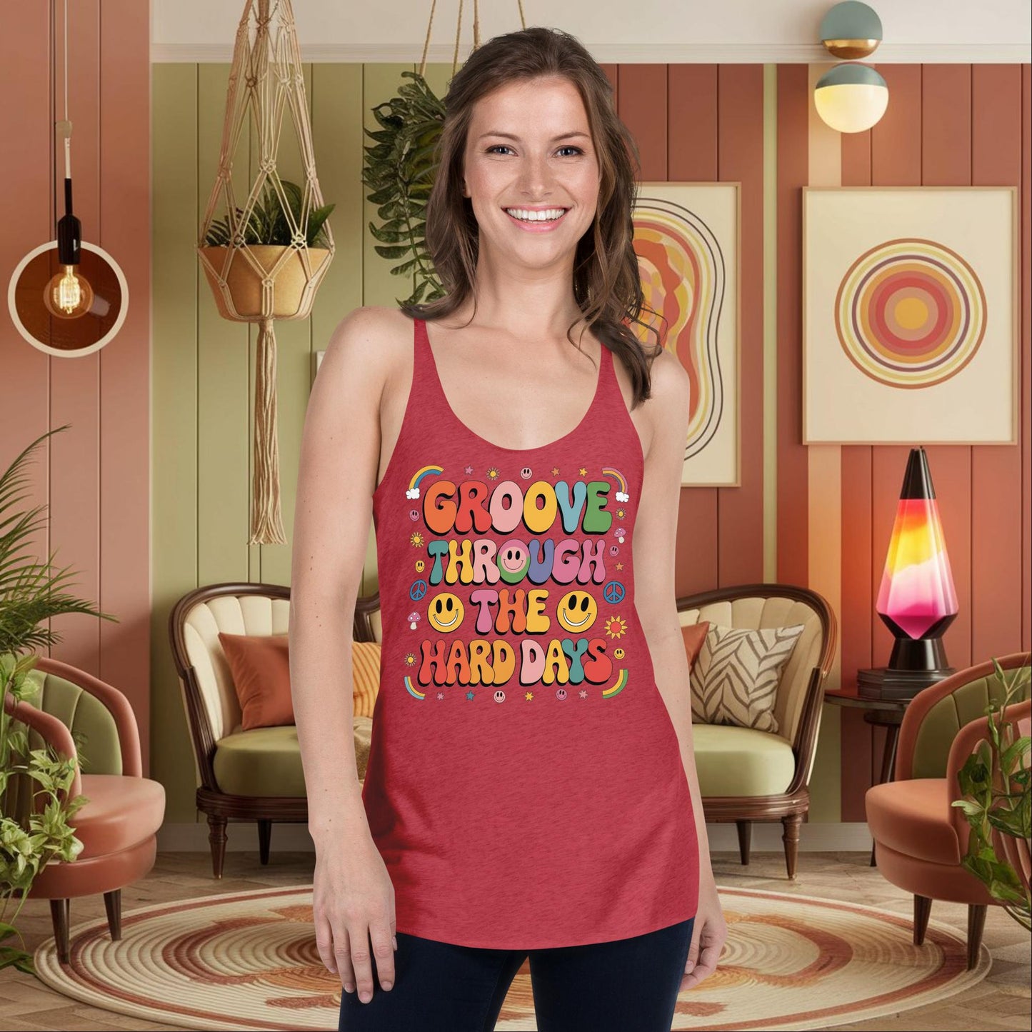 Personalized Retro Emotional Support Tank, “Groove Through The Hard Days” Women’s Self-Care Shirt