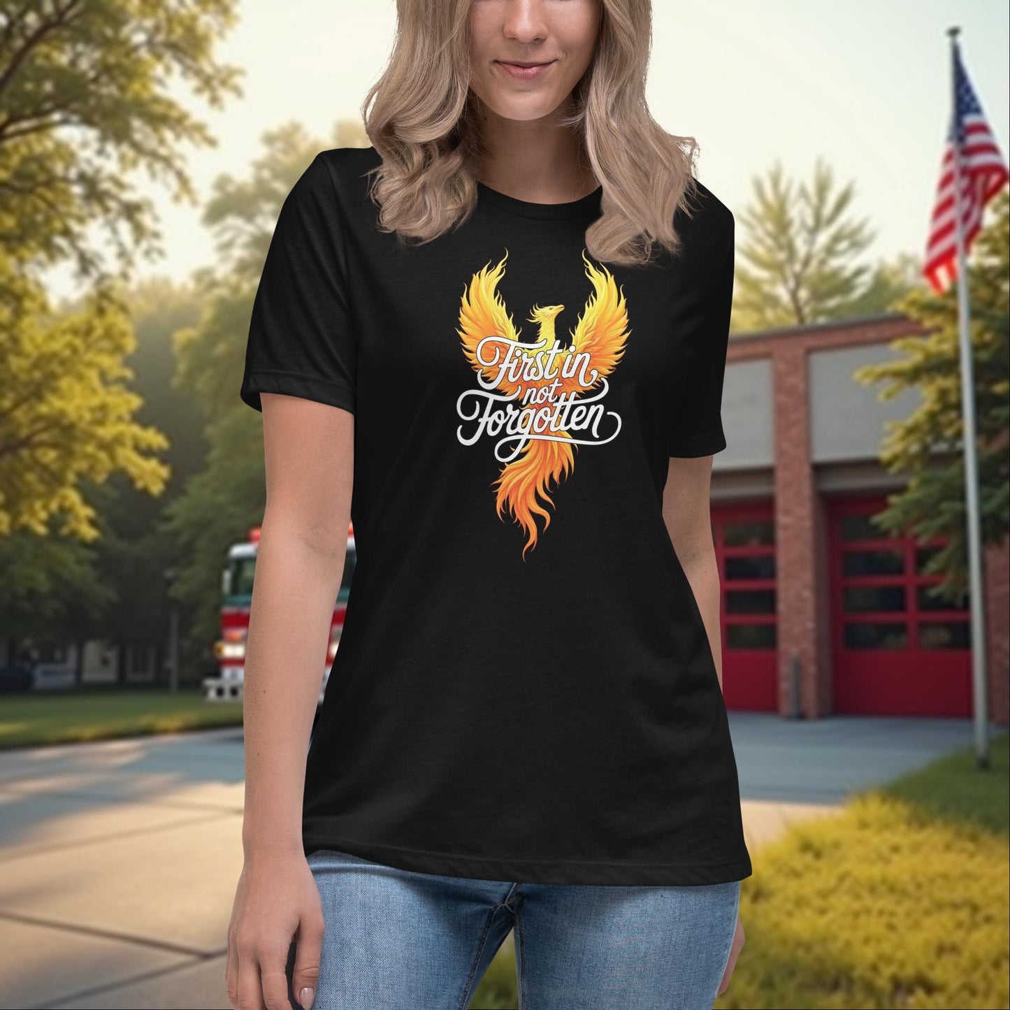 First In, Not Forgotten firefighter memorial t-shirt for women, remembrance and support awareness
