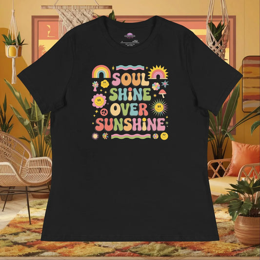 “Soul Shine Over Sunshine” women’s relaxed t-shirt with spiritual wellness mental health quote