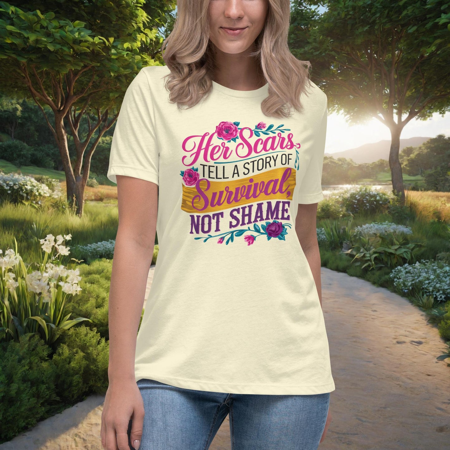 Her Scars Tell a Story of Survival women's t-shirt, personalized domestic violence survivor empowerment shirt