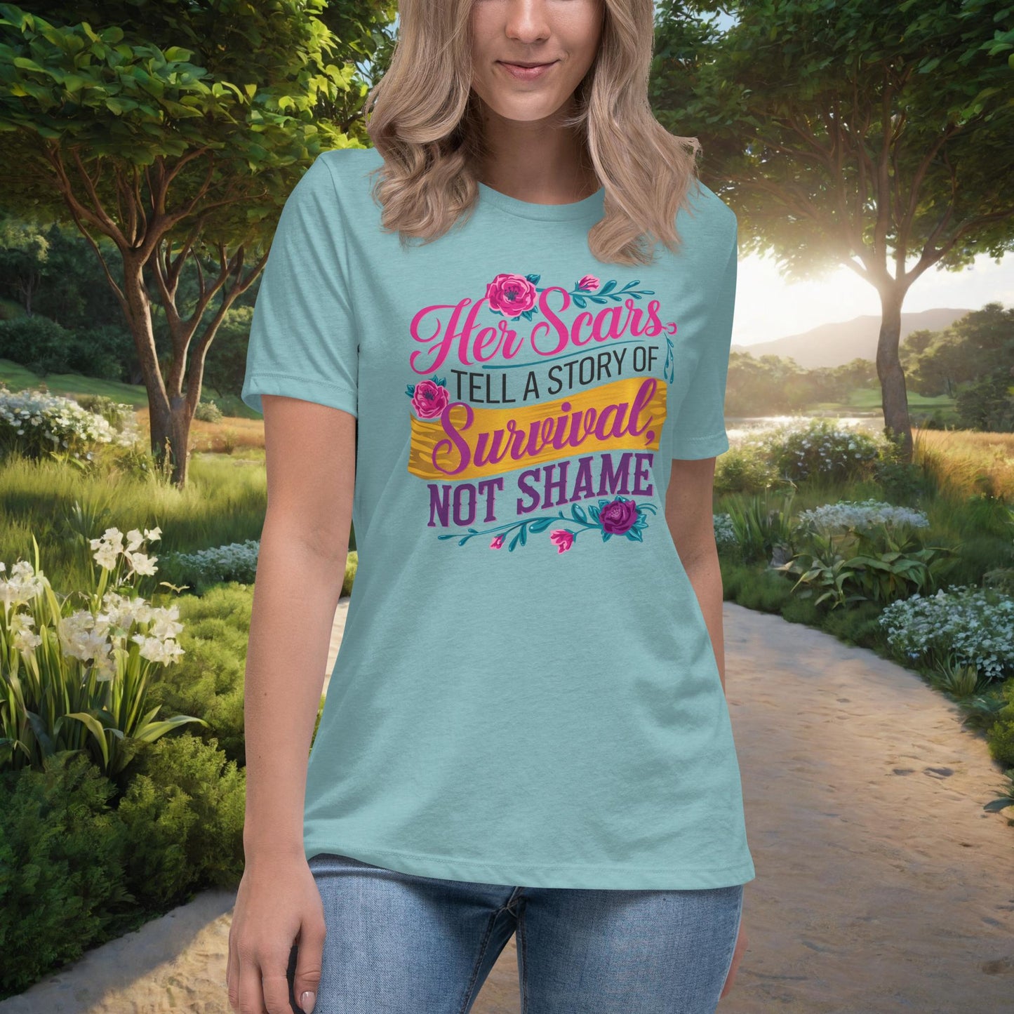 Her Scars Tell a Story of Survival women's t-shirt, personalized domestic violence survivor empowerment shirt