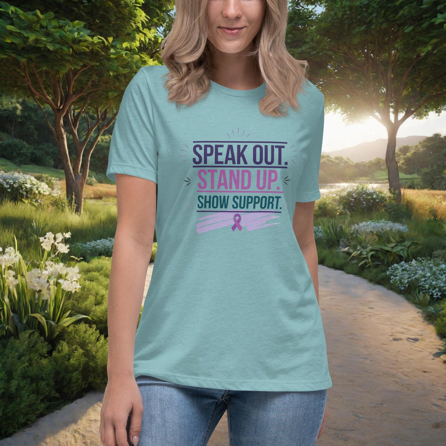 Speak Out. Stand Up. Show Support women's t-shirt, personalized advocacy and empowerment shirt for survivors