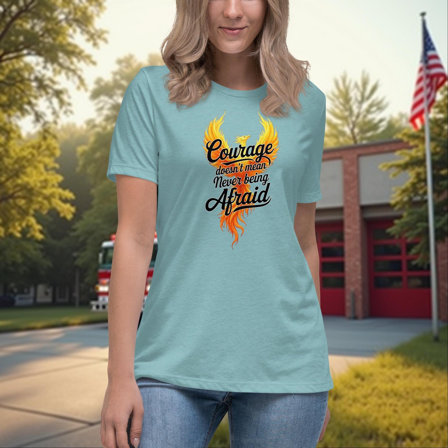 Courage Doesn’t Mean Fearless firefighter relaxed t-shirt for women, mental health and strength support shirt