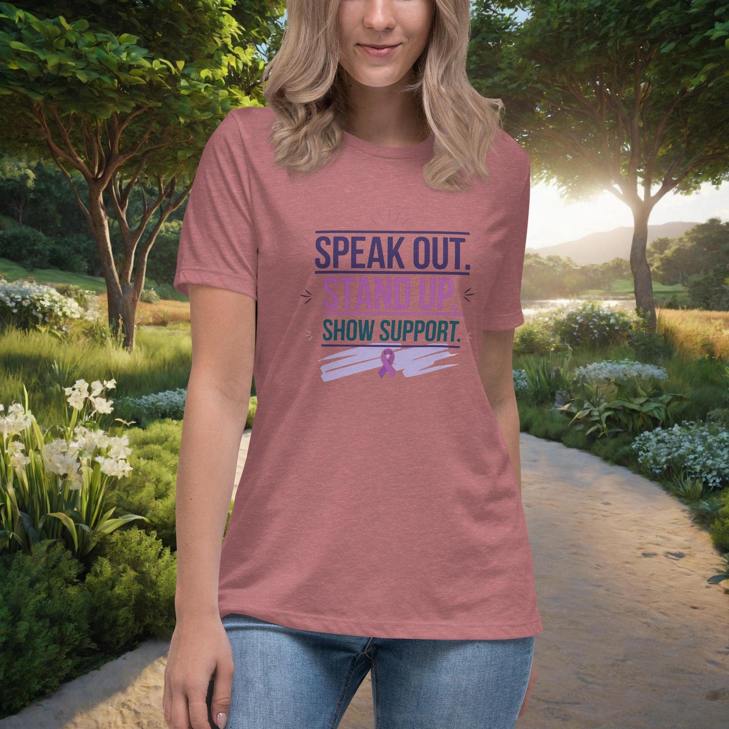 Speak Out. Stand Up. Show Support women's t-shirt, personalized advocacy and empowerment shirt for survivors