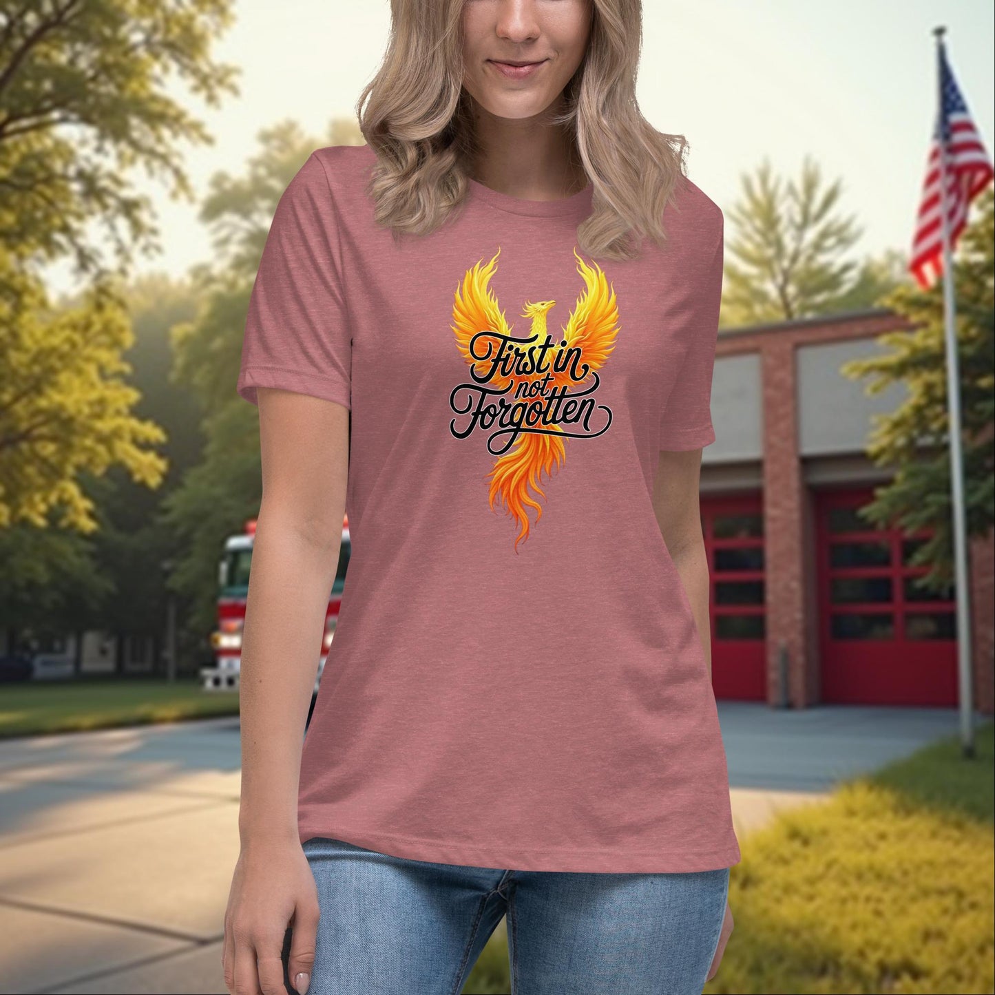 First In, Not Forgotten firefighter memorial t-shirt for women, remembrance and support awareness