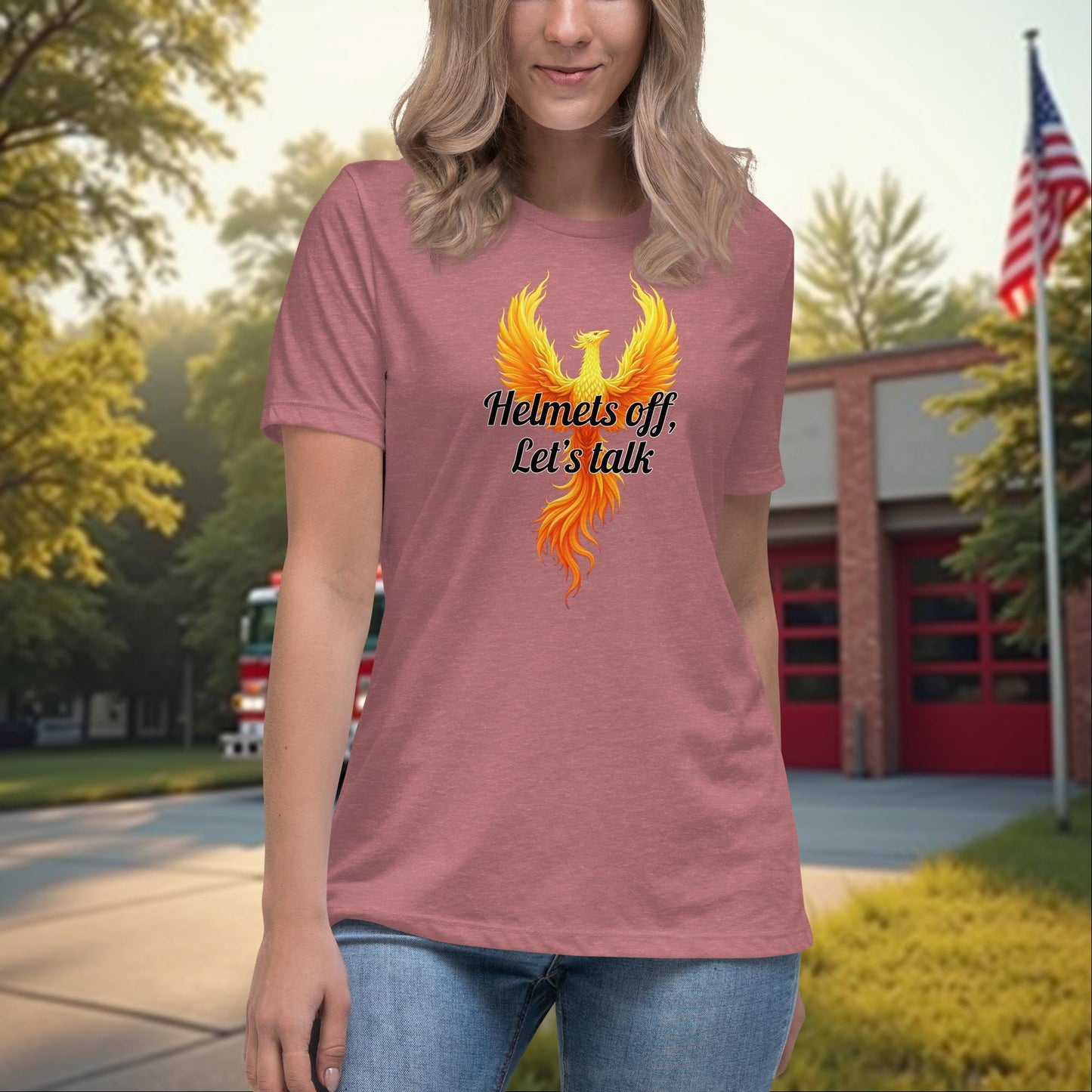 Helmets Off, Let’s Talk firefighter women’s t-shirt, PTSD support and mental wellness awareness shirt