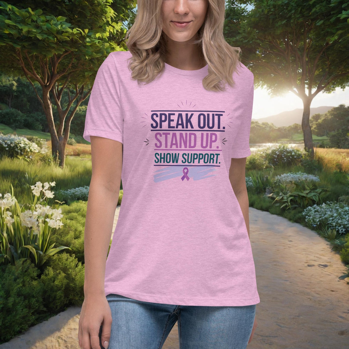 Speak Out. Stand Up. Show Support women's t-shirt, personalized advocacy and empowerment shirt for survivors