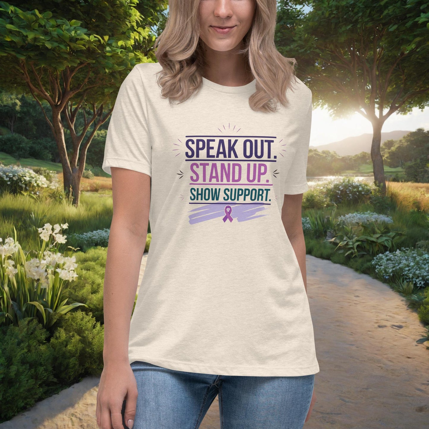 Speak Out. Stand Up. Show Support women's t-shirt, personalized advocacy and empowerment shirt for survivors