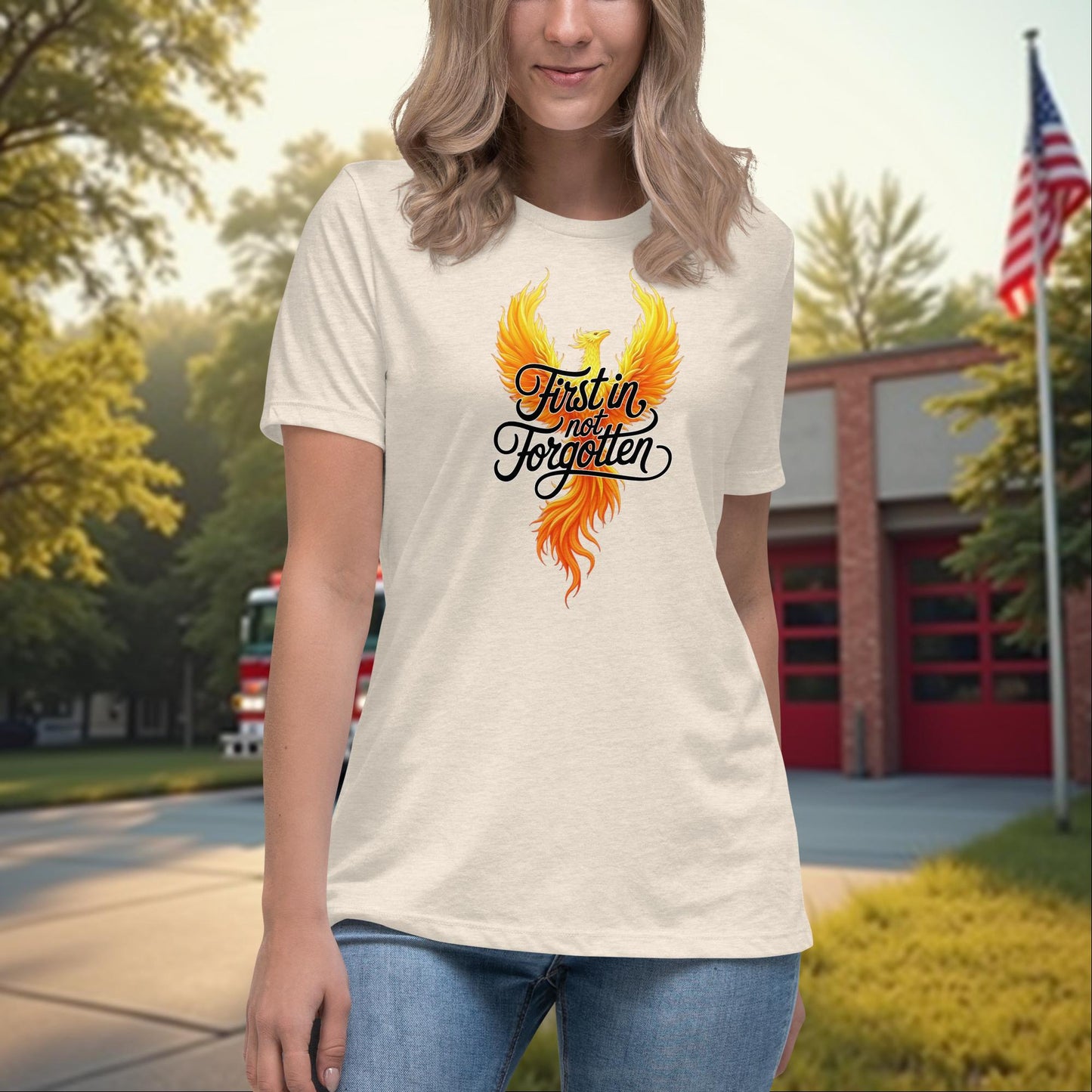 First In, Not Forgotten firefighter memorial t-shirt for women, remembrance and support awareness