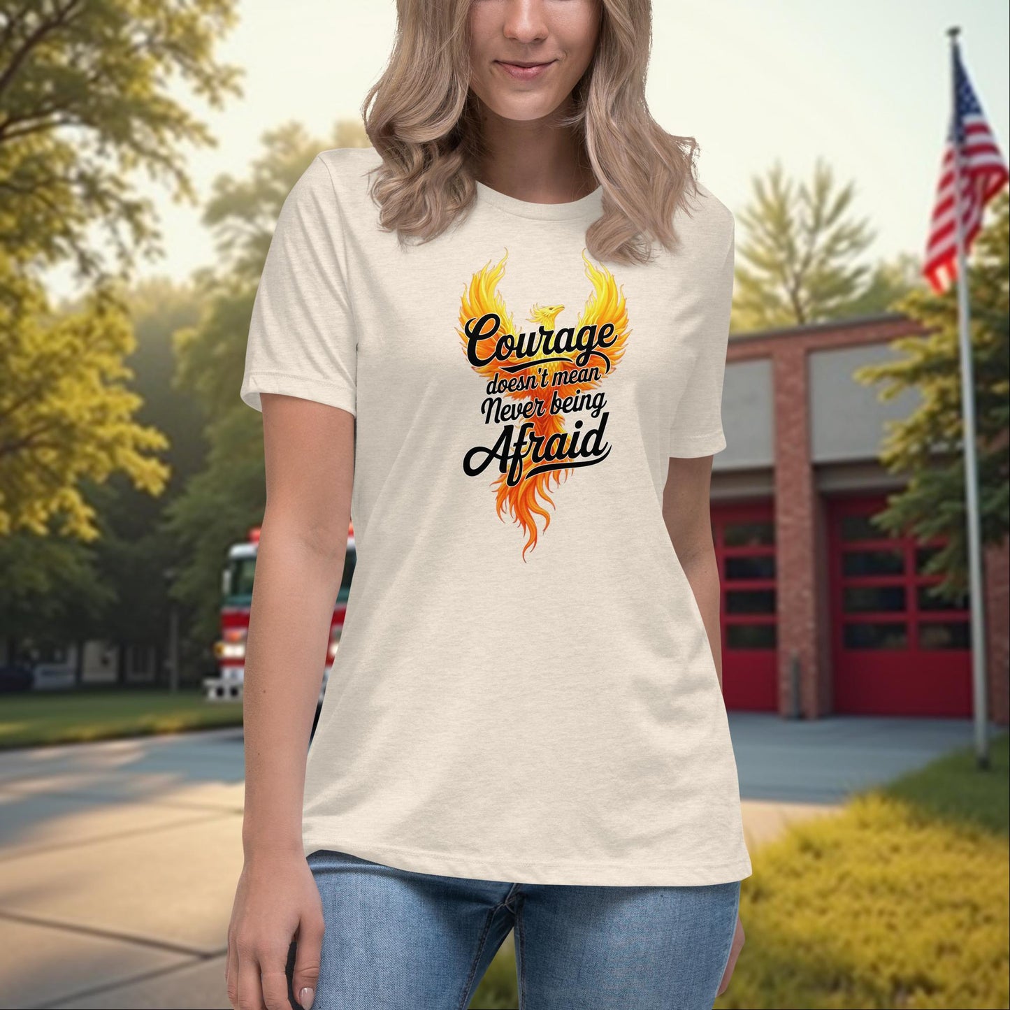 Courage Doesn’t Mean Fearless firefighter relaxed t-shirt for women, mental health and strength support shirt