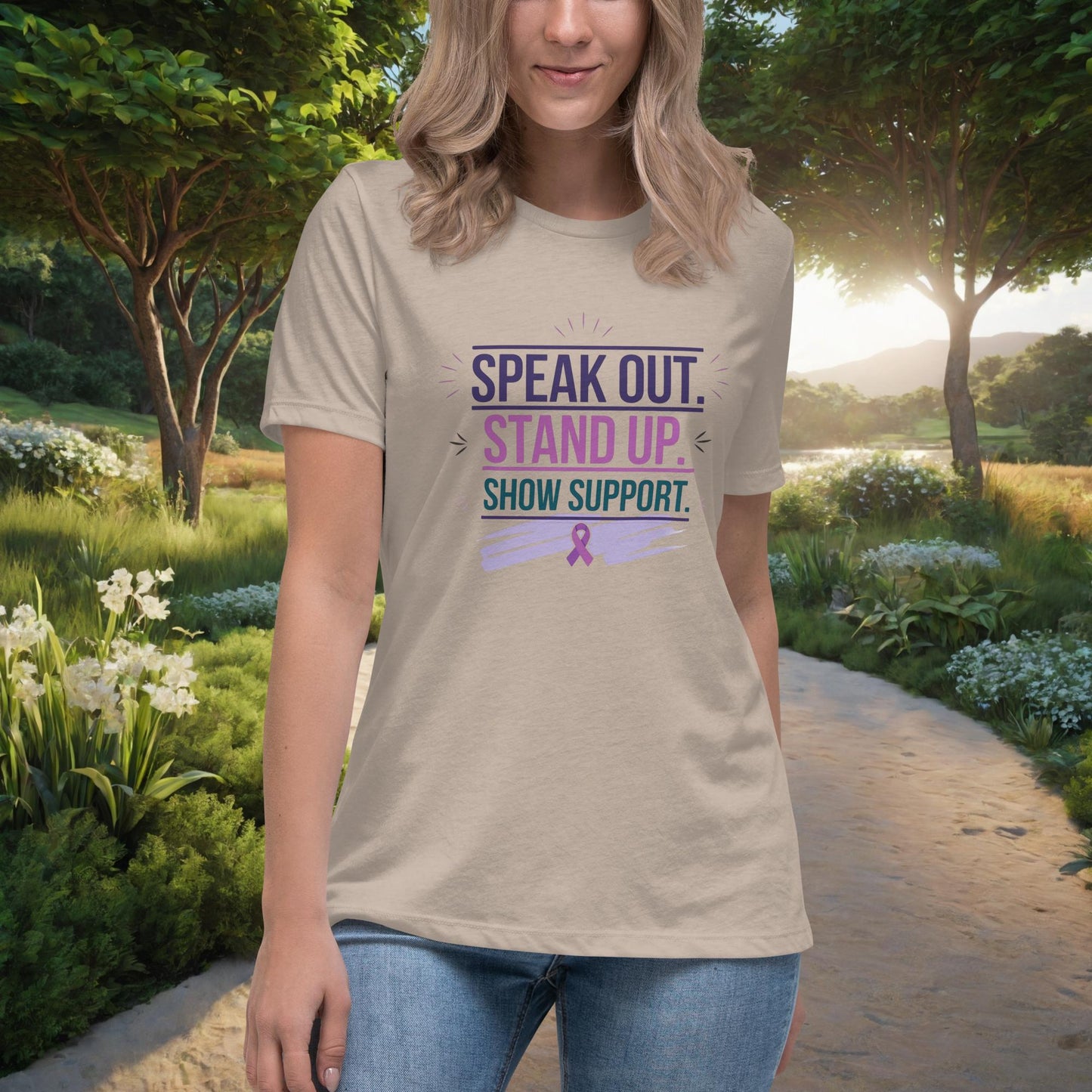 Speak Out. Stand Up. Show Support women's t-shirt, personalized advocacy and empowerment shirt for survivors