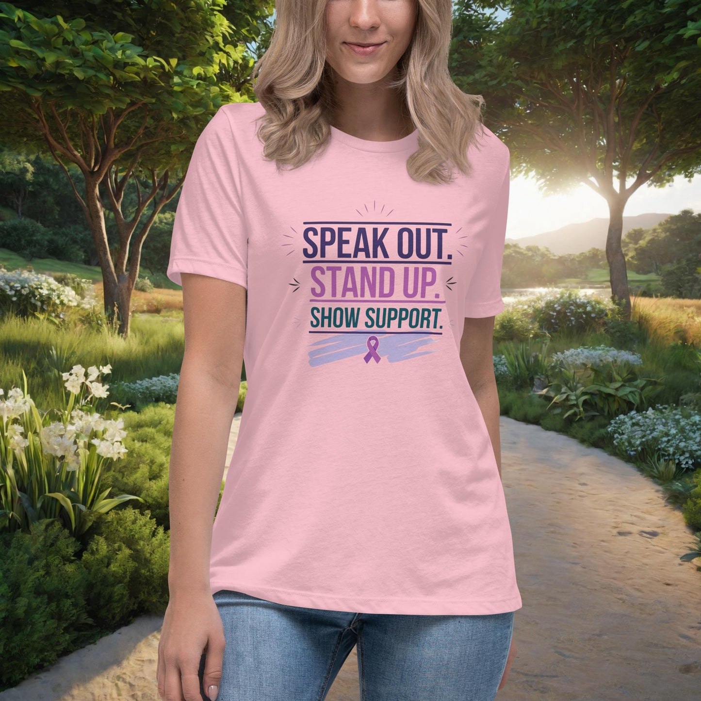 Speak Out. Stand Up. Show Support women's t-shirt, personalized advocacy and empowerment shirt for survivors