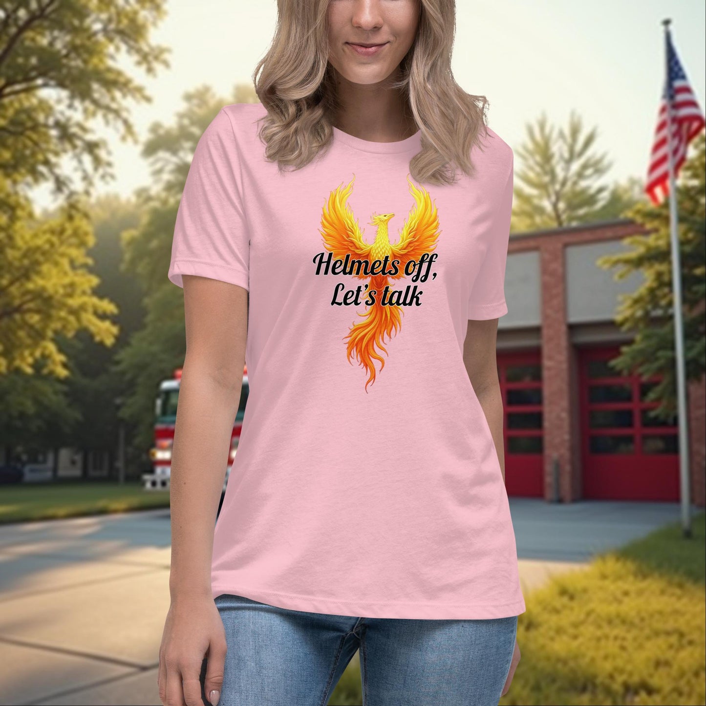 Helmets Off, Let’s Talk firefighter women’s t-shirt, PTSD support and mental wellness awareness shirt