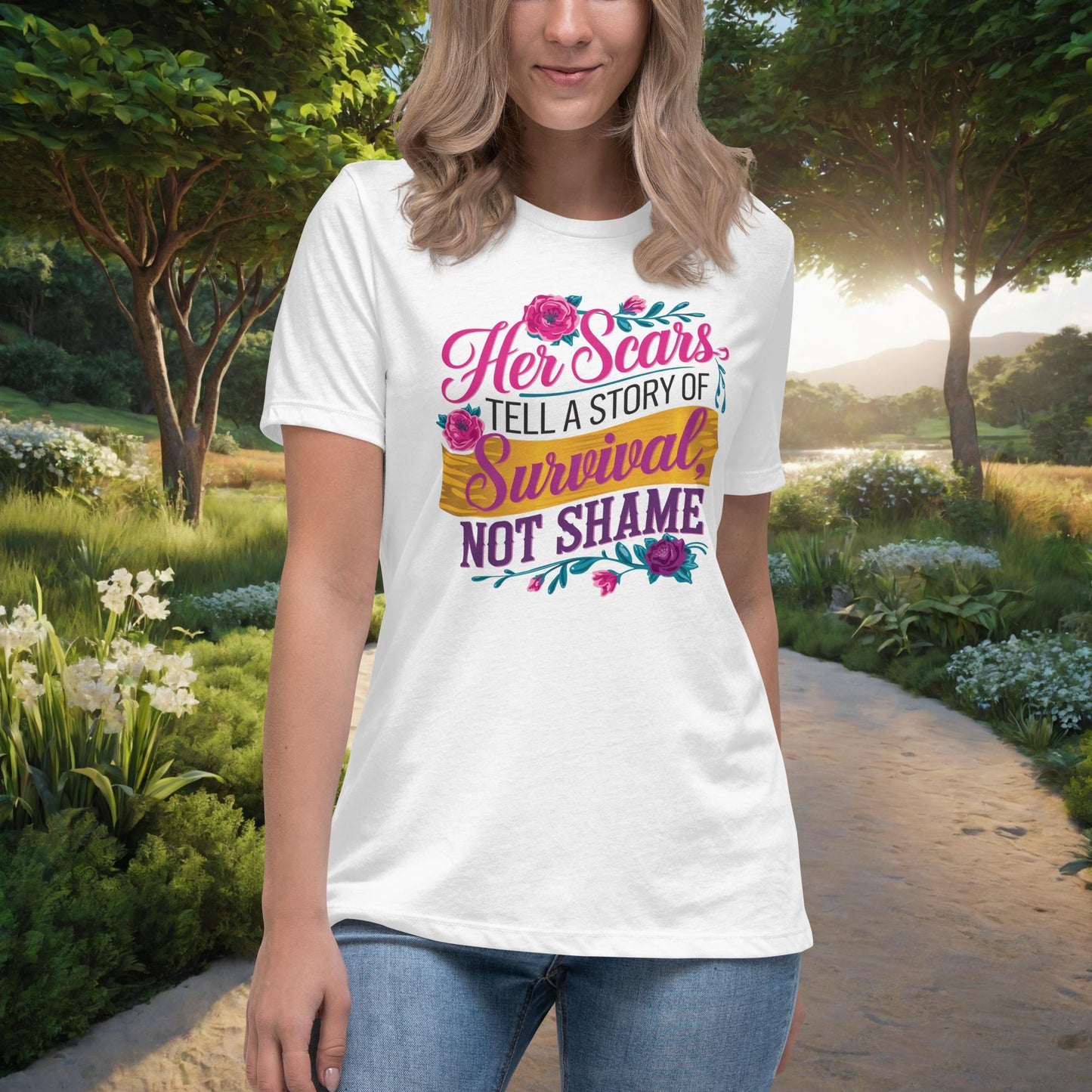 Her Scars Tell a Story of Survival women's t-shirt, personalized domestic violence survivor empowerment shirt