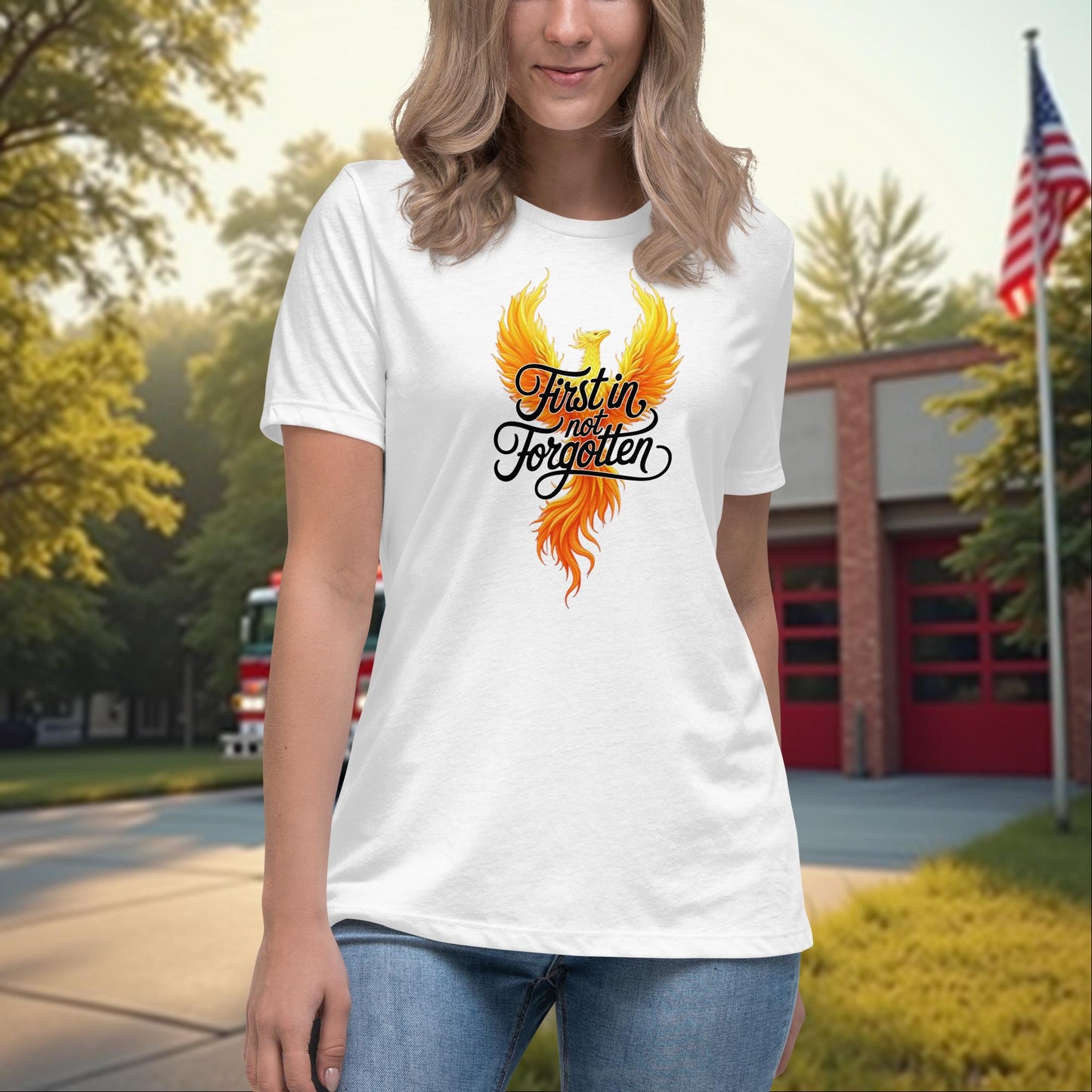 First In, Not Forgotten firefighter memorial t-shirt for women, remembrance and support awareness
