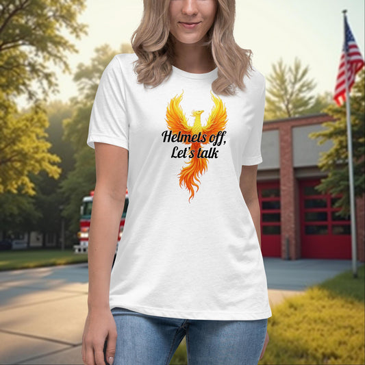 Helmets Off, Let’s Talk firefighter women’s t-shirt, PTSD support and mental wellness awareness shirt