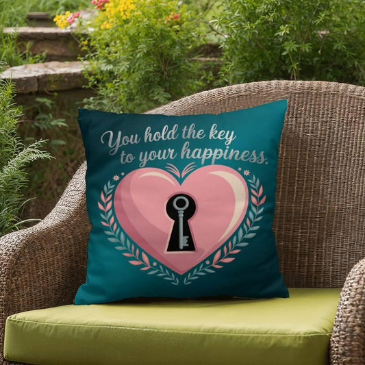 Shop our you hold the key to your happiness self care pillow featuring the 18" x 18" style option from MySisterIsASurvivor.