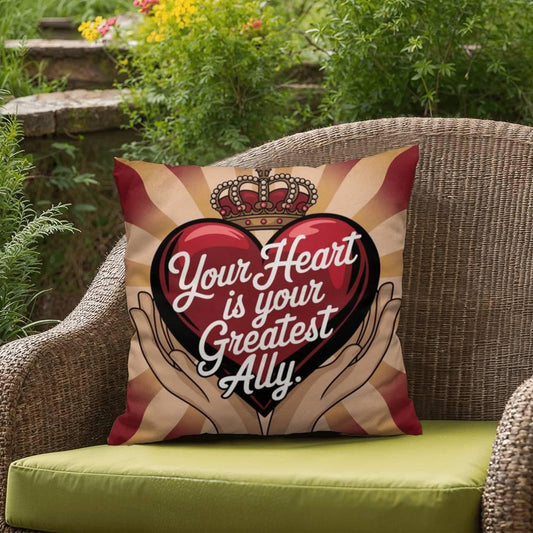 Shop our your heart is your greatest ally self care pillow featuring the 18" x 18" style option from MySisterIsASurvivor.