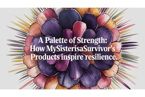 Colorful MySisterIsASurvivor products including journals, mugs, and coloring books designed to inspire resilience and healing in trauma survivors