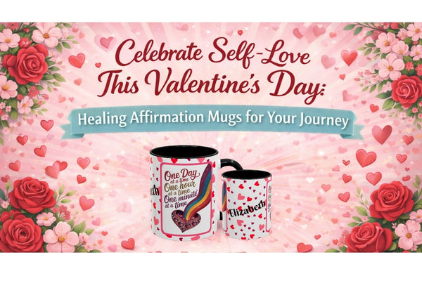 Valentine's Day self-love affirmation mugs and healing gifts for survivors and caregivers