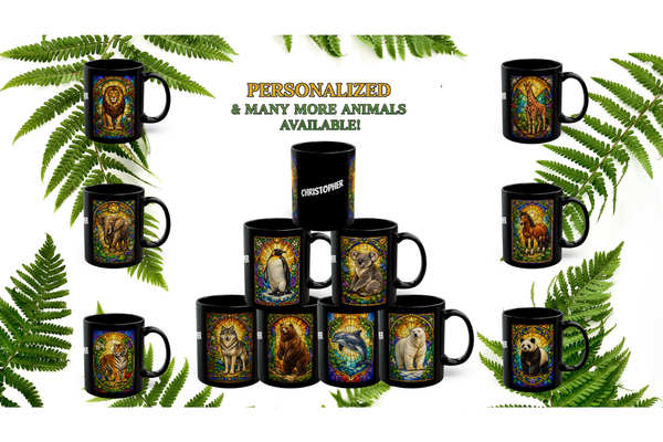 Animal Kingdom Stained Glass Mugs - vibrant wildlife art ceramic coffee mugs