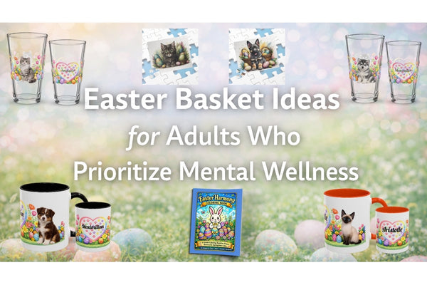 Easter basket ideas for adults who prioritize mental wellness - trauma-informed gifts including personalized mugs, coloring books, and journals