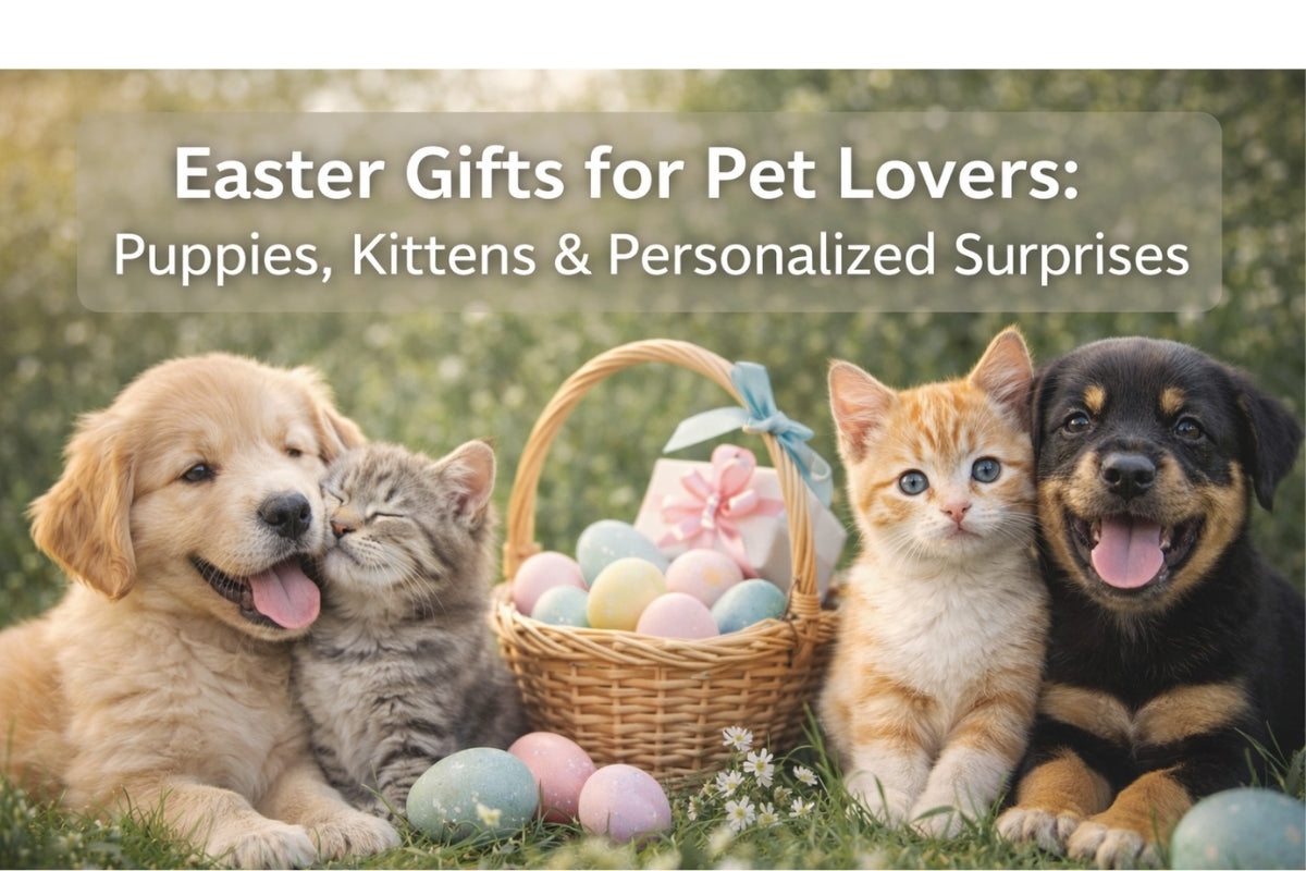 Easter gifts for pet lovers - personalized puppy and kitten mugs, coloring books, and pint glasses celebrating the healing bond between people and their pets