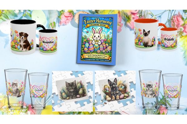 Easter mindfulness gifts - personalized puppy and kitten mugs, pint glasses, puzzles, and coloring books for joy and calm