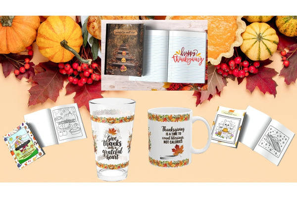 Thanksgiving gifts including mugs, notebooks, and coloring books designed to inspire gratitude and mental wellness