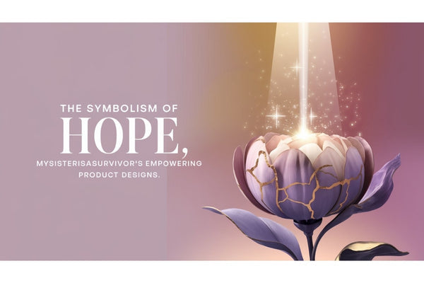 Empowering product designs from MySisterIsASurvivor featuring symbols of hope and resilience for trauma survivors