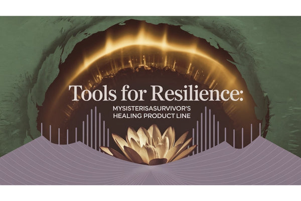 Collection of trauma-informed products including journals, mugs, and necklaces designed to support survivors of domestic violence and PTSD
