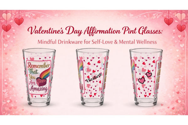 Valentine's Day affirmation pint glasses with heart designs and empowering mental health messages for self-love and healing