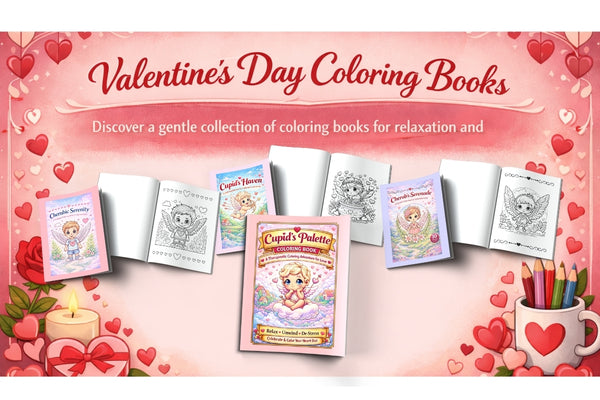 Valentine's Day coloring books with cherub and heart designs for mindful self-care and mental wellness