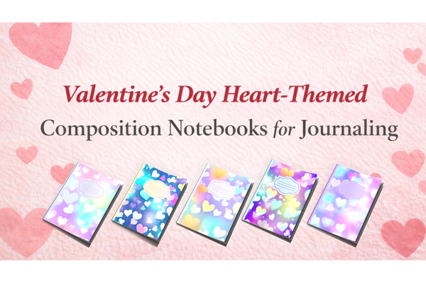 Heart-themed composition notebooks in rainbow, ocean, sunset, and pastel designs for journaling and mental wellness