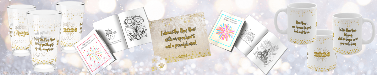 New Year gifts for mental wellness - coloring books, affirmation mugs, pint glasses, and puzzles designed to support healing, mindfulness, and self-care