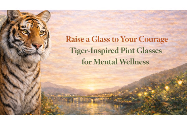 Tiger-inspired pint glasses for mental wellness - empowering drinkware celebrating courage, strength, and resilience for trauma and PTSD survivors