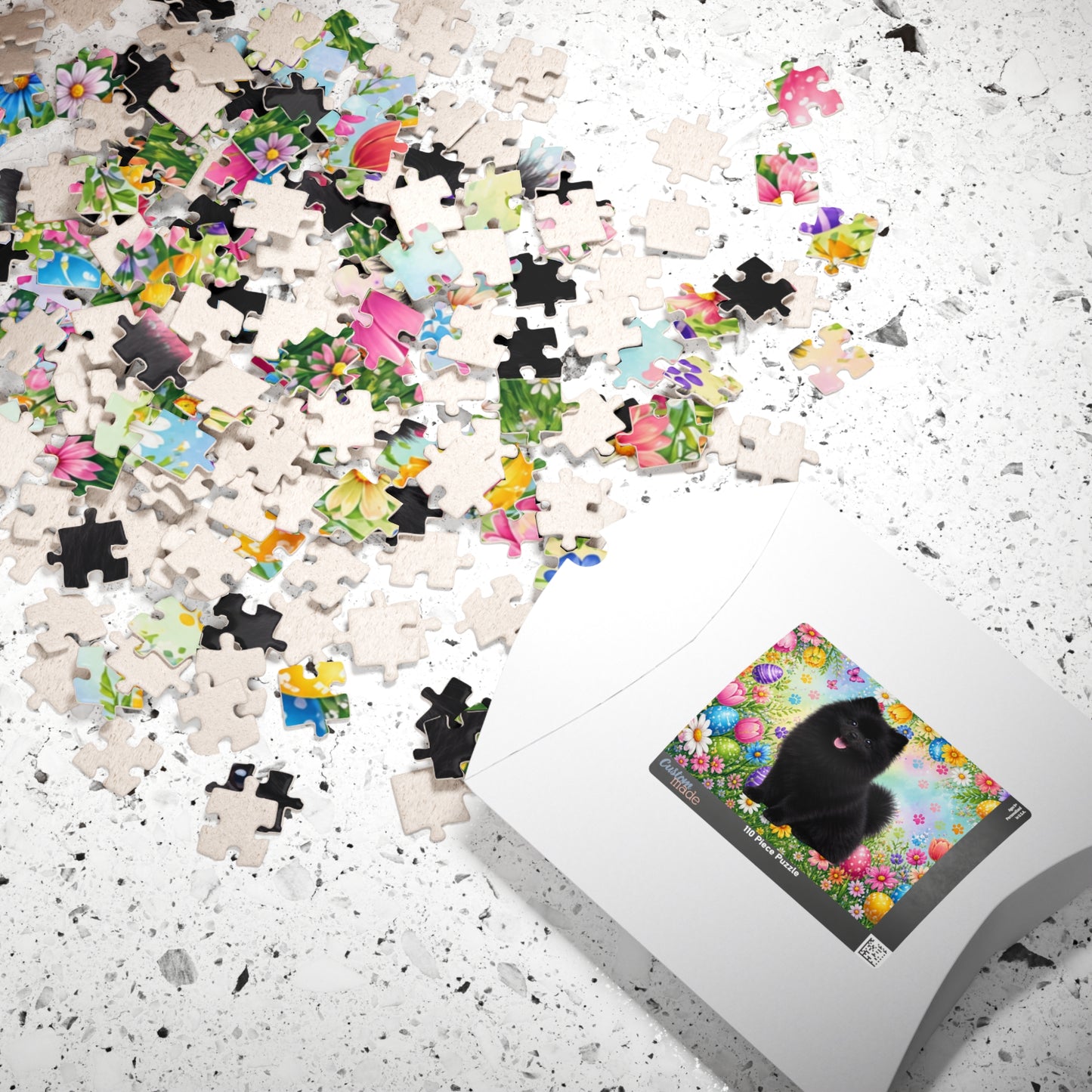Pomeranian (Black) Easter Puppy Puzzle - Spring Garden with Eggs, Tulips, and Daisies