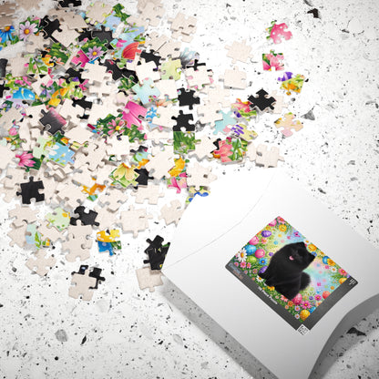 Pomeranian (Black) Easter Puppy Puzzle - Spring Garden with Eggs, Tulips, and Daisies