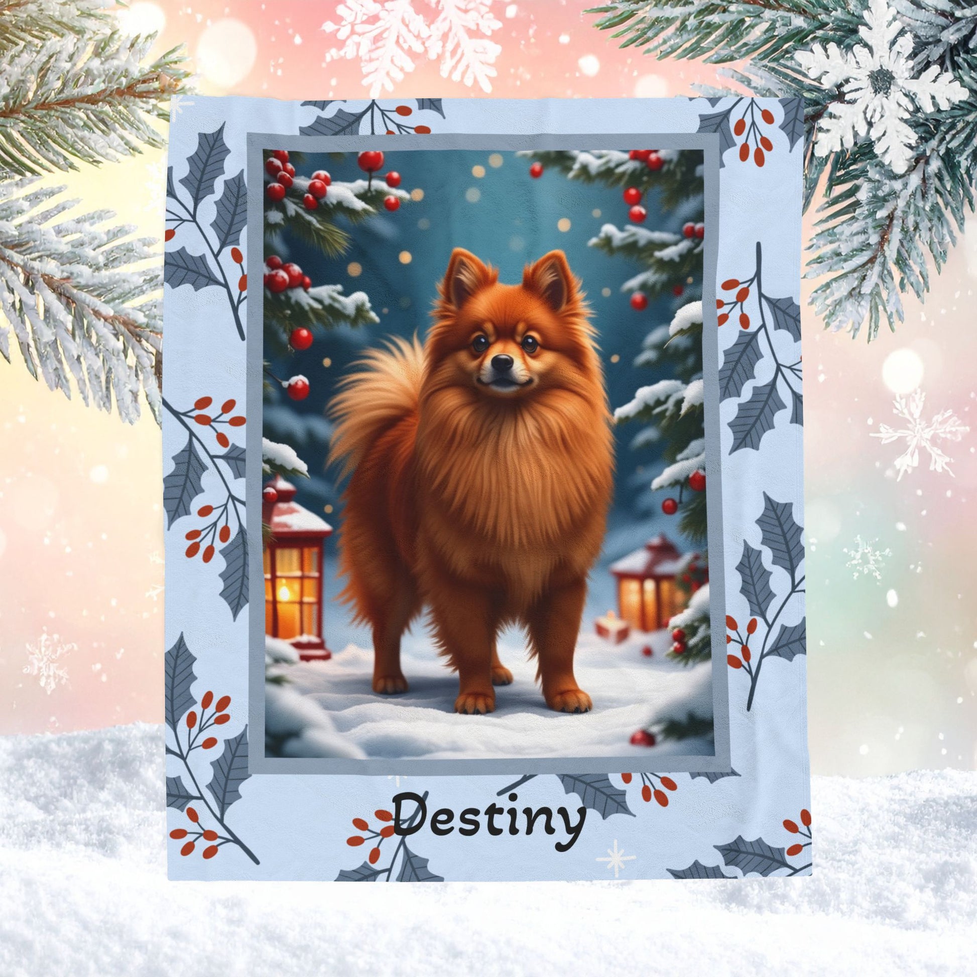 Pomeranian Red custom winter blanket with a vibrant red Pom in a bright illustrated lodge-style setting
