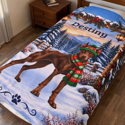 Doberman (Red Coat) - Personalized Winter Blanket, Custom Name Velveteen Throw
