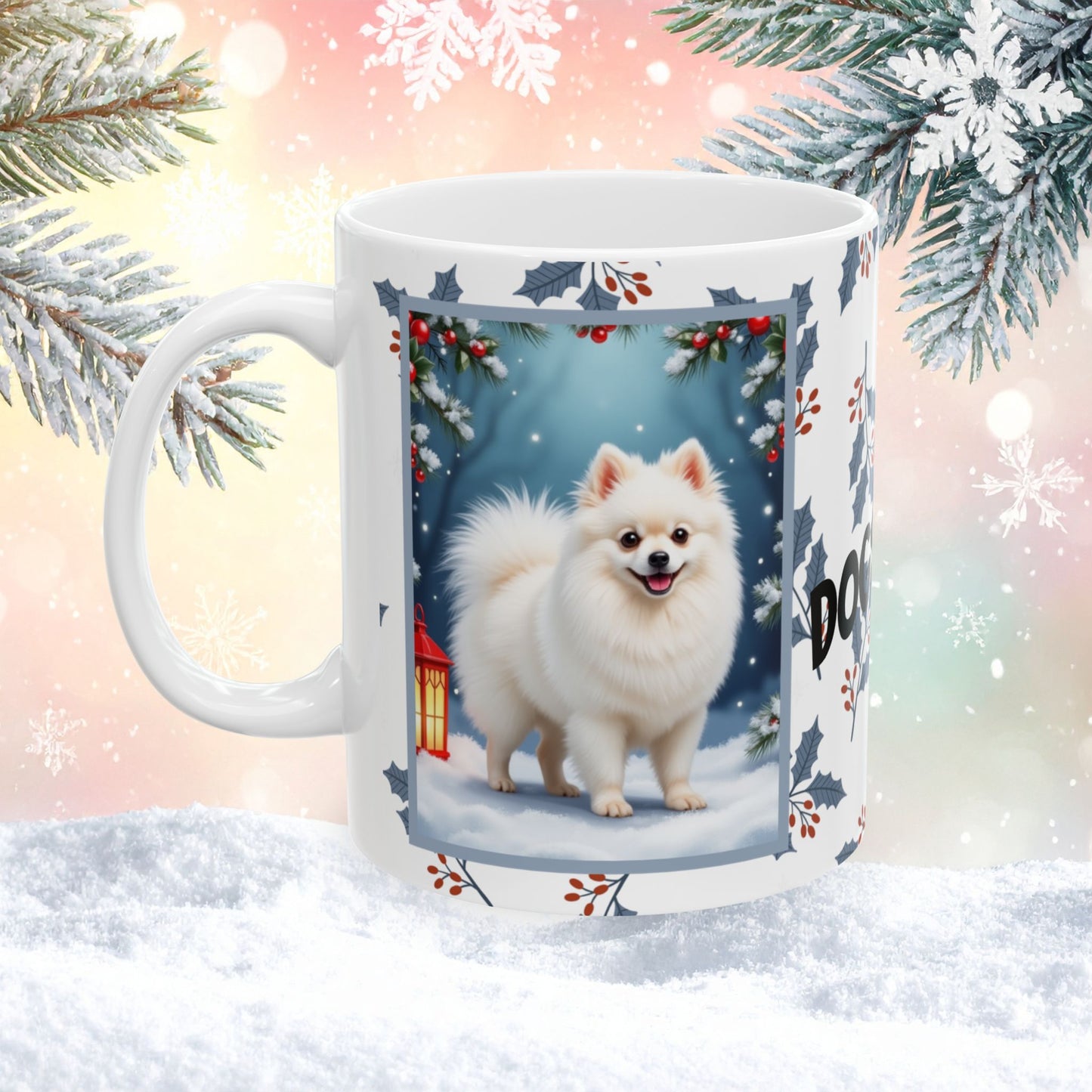 Pomeranian (White) Winter Mug - white pomeranian illustrated standing in a winter scene with soft snow