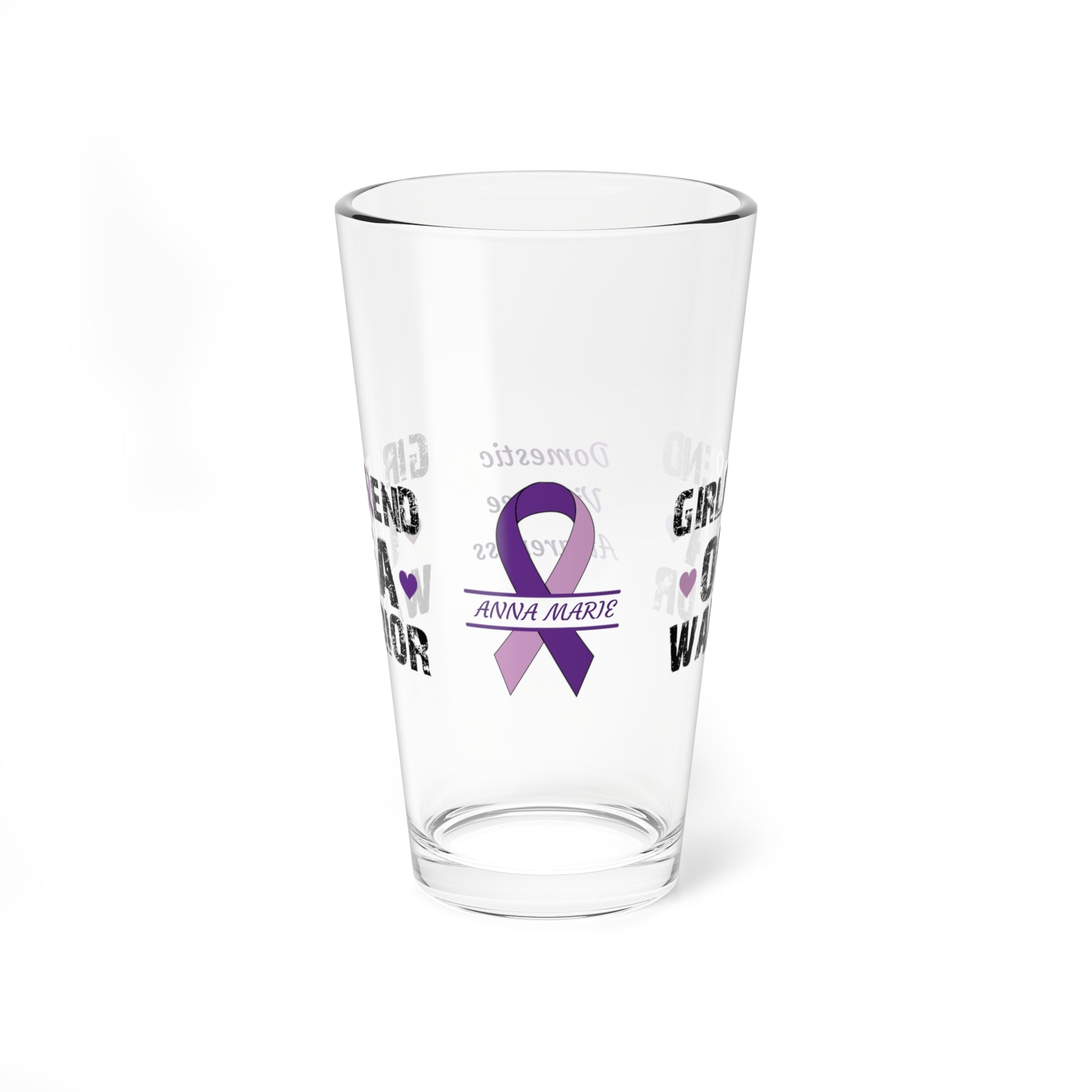 Girlfriend of a Warrior: Personalized Domestic Violence Awareness Warrior Pint Glass - Proud Family Member