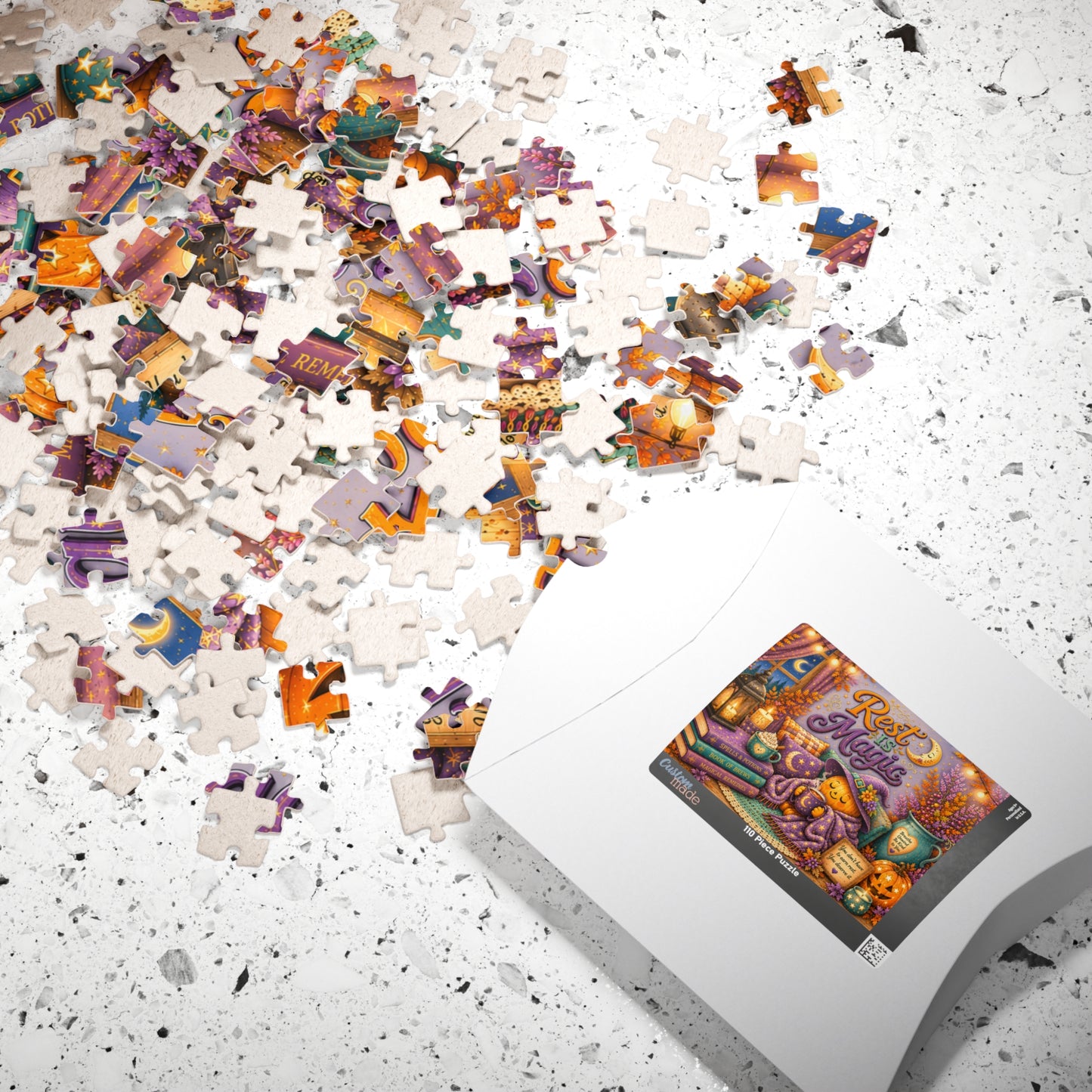 Rest Is Magic Halloween Puzzle - Cozy Pumpkin with Moon Mug, You Deserve Rest Sign, and Magical Books